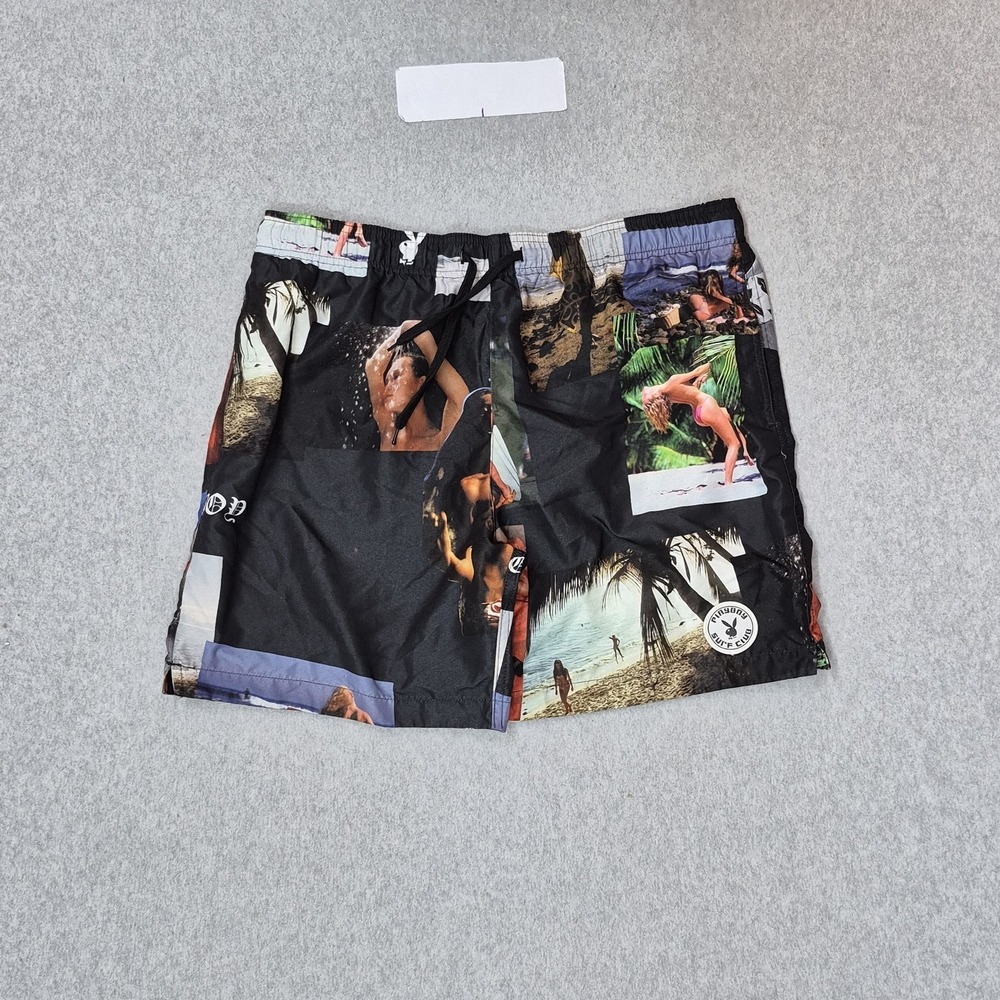 Playboy By Pacsun Men Swimwear L Black Swim Trunks Graphic Pinup Model